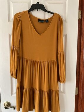Cynthia Rowley Mustard V-Neck Tiered Long Sleeve Dress